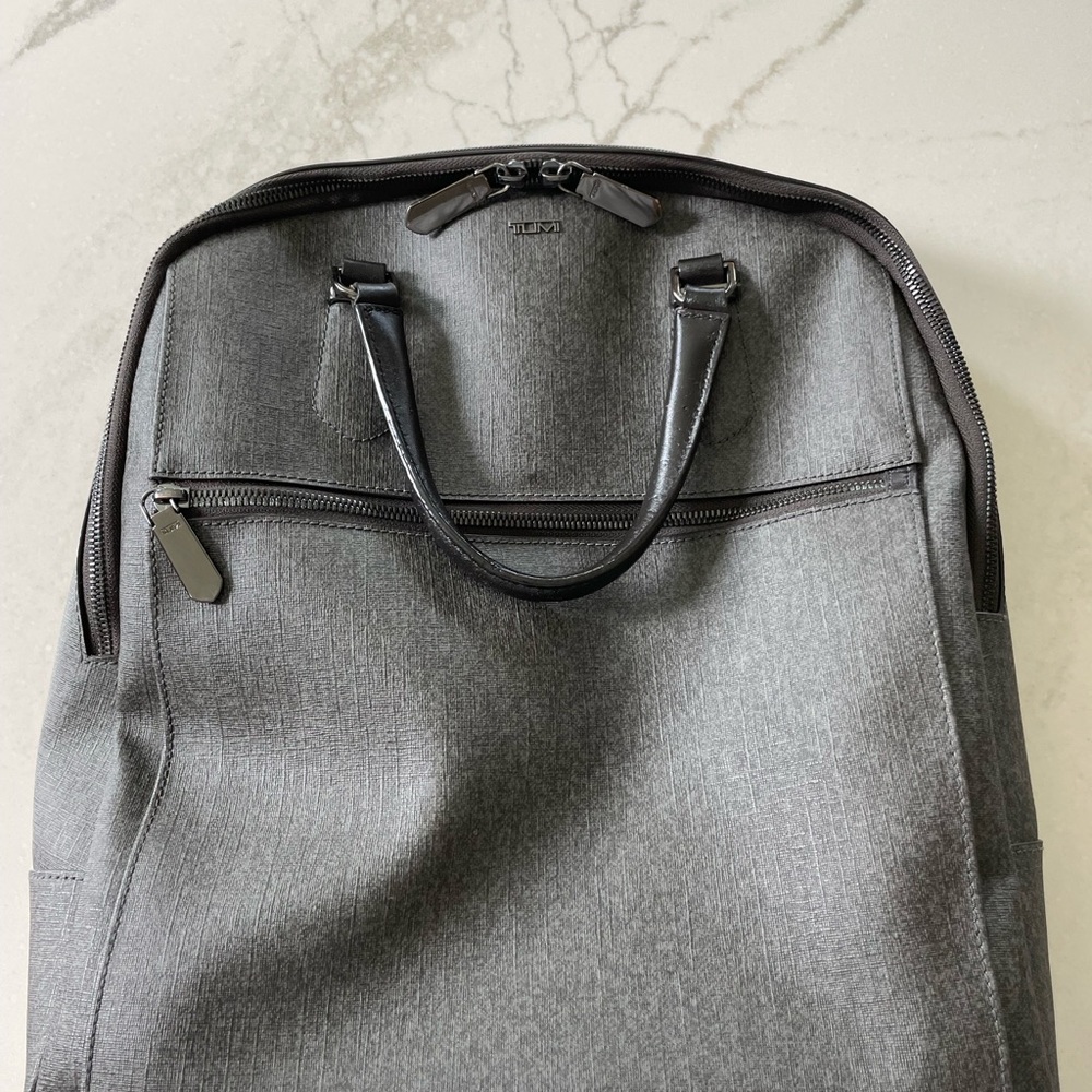 Women’s Tumi backpack in heathered charcoal with laptop pocket
